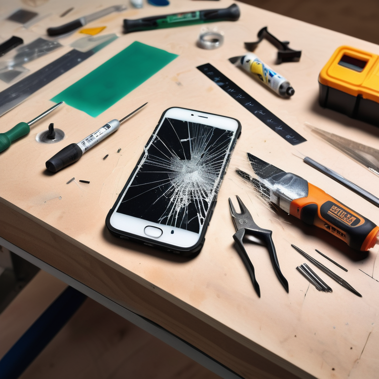 A cellphone with a broken screen on a workbench, alongside tools for a screen repair.