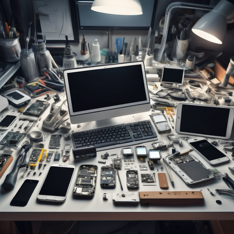 Close-up of a workbench with smartphones being repaired and tools arranged to the side.