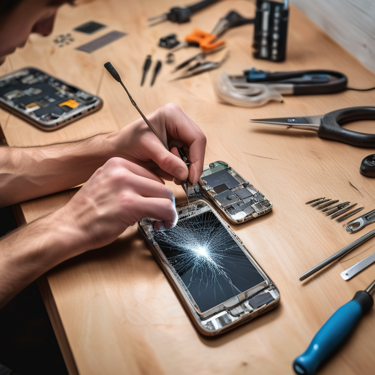 Hands fixing a cracked mobile screen on a desk, with customers and repair tools in the background.