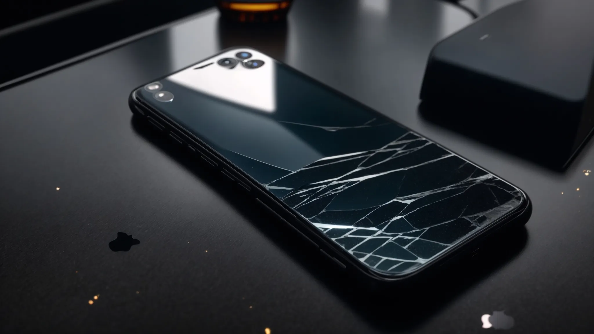 a shattered iphone 12 pro max lying on a sleek, black granite countertop, highlighting the need for back glass repair.